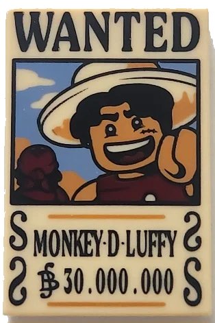 LEGO onderdeel Tile 2 x 3 with Wanted Poster with Black 'WANTED' 'MONKEY-D-LUFFY' (Belly) '$30.000.000' Pattern (26603pb528)
