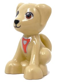 LEGO part Dog, Friends, Puppy, Sitting with Brown Eyes, Black Nose and Silver Heart Pattern 27986pb03