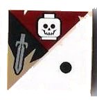 LEGO part Tile 2 x 2 with 1 Black Dot, Skull and Sword Pattern 3068pb0417