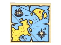 LEGO onderdeel Tile 2 x 2 with Map Blue Water, Yellow Land, Black Pirate Ship, Compass Rose, White Skeleton Head and Red 'X' Pattern 3068pb0929