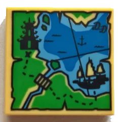 LEGO onderdeel Tile 2 x 2 with Ninjago Map with Pagoda, Bridge, Ship, Anchor, Water, Dotted Line Trail, and Script 'DD' Pattern (3068pb1098)