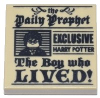LEGO part Tile 2 x 2 with Newspaper, 'the Daily Prophet', 'EXCLUSIVE HARRY POTTER', 'The Boy who LIVED!', and Image of Boy with Glasses Pattern 3068pb1156