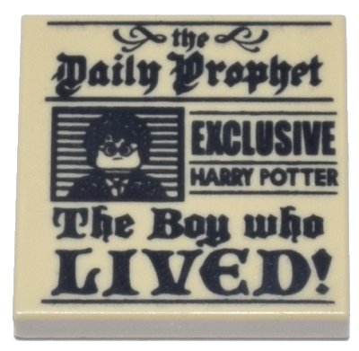 LEGO part Tile 2 x 2 with Newspaper, 'the Daily Prophet', 'EXCLUSIVE HARRY POTTER', 'The Boy who LIVED!', and Image of Boy with Glasses Pattern (3068pb1156)