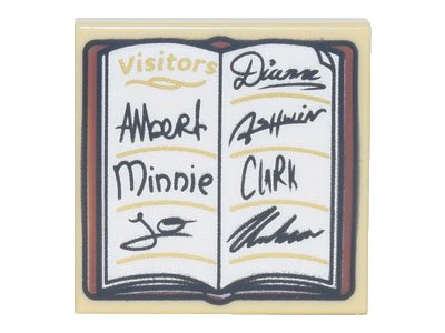 LEGO onderdeel Tile 2 x 2 with Guest Book, 'Visitors', Signatures 'Albert Minnie Jo Diana Clark', and Reddish Brown Cover Pattern (3068pb1887)