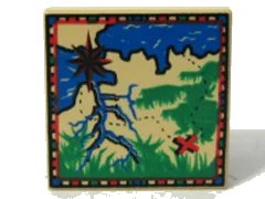 LEGO onderdeel Tile 2 x 2 with Map with Blue Water, Green Grass, Tan Land, Red Letter X Treasure Marker, Compass Rose Pattern (3068px24)