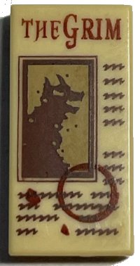 LEGO part Tile 1 x 2 with 'THE GRIM', Werewolf, Circle and Writing Pattern 3069pb1015