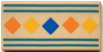 LEGO part Tile 1 x 2 with Orange, Yellow and Blue Squares and Dark Turquoise Border Lines Pattern (3069pb1314)