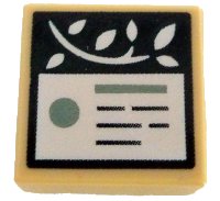 LEGO part Tile 1 x 1 with White Vine and Information Plaque with Sand Green Bar and Dot and Writing / Lines on Dark Green Background Pattern 3070pb367