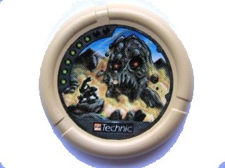 LEGO onderdeel Throwing Disk with Throwbot Granite / Slizer Rock 6 Pips, LEGO Technic Logo, and Robot Fighting Rock Creature Pattern (32171pb047)