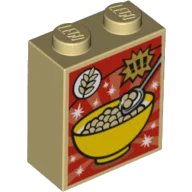 LEGO onderdeel Brick 1 x 2 x 2 with Inside Stud Holder with Bowl, Wheat, Spoon, and Exclamation Marks Cereal Box Pattern 3245cpb035
