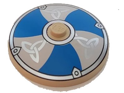 LEGO onderdeel Dish 4 x 4 Inverted (Radar) with Solid Stud with Viking Shield Blue / White Sections and Silver Ornament Pattern (3960pb012)