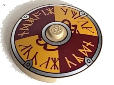 LEGO onderdeel Dish 4 x 4 Inverted (Radar) with Solid Stud with Viking Shield Dark Red / Yellow Rune Pattern (3960pb015)