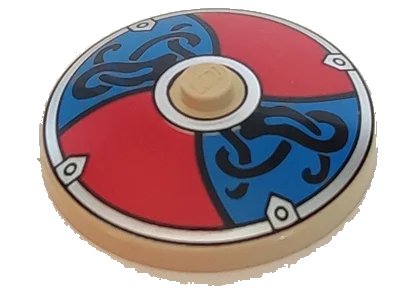 LEGO onderdeel Dish 4 x 4 Inverted (Radar) with Solid Stud with Viking Shield Red / Blue with Black Ornament Pattern (3960pb016)