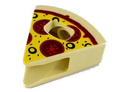 LEGO onderdeel Minifigure, Headgear Head Cover, Costume Wedge Slice with Pizza with Yellow Cheese, Black Olives, and Dark Red Pepperoni Pattern (45755pb02)
