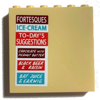 LEGO onderdeel Panel 1 x 6 x 5 with 'FORTESQUES', 'ICE-CREAM', 'TO-DAY'S SUGGESTIONS', and Flavors Pattern (Sticker) - Set 75978 (59349pb245)