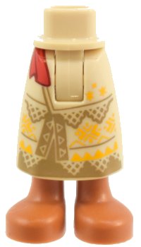 LEGO part Mini Doll Hips and Skirt Long with Molded Sienna Legs and Feet and Printed Dark Tan Panels and Triangles, Slit in Front, Bright Light Orange Geometric Design, Red Sash Ends Pattern - Thick Hinge 59595c00pb26