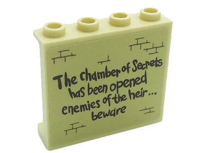 LEGO onderdeel Panel 1 x 4 x 3 with Side Supports - Hollow Studs with 'The chamber of Secrets has been opened enemies of the heir... beware' and Bricks Pattern (Sticker) - Set 71043 (60581pb184)
