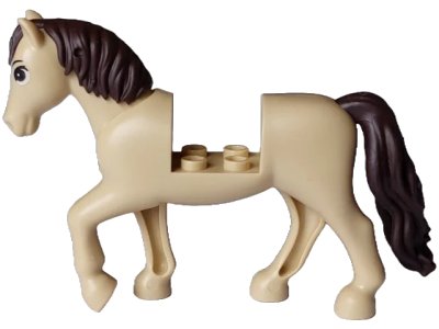 LEGO onderdeel Horse, Friends Style with 2 x 2 Cutout and Movable Neck with Fixed Flexible Rubber Dark Brown Tail and Mane with Dark Brown Eyes, Black Eyebrows Pattern (69820c01pb10)