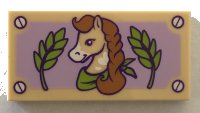 LEGO part Tile 2 x 4 with Horse with Braided Mane, Green Leaves, and Lavender Background Pattern 87079pb0544