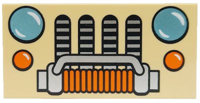 LEGO onderdeel Tile 2 x 4 with Metallic Light Blue Headlights, Orange Blinkers and Rope, Silver Grille and Bumper Pattern (87079pb1347)