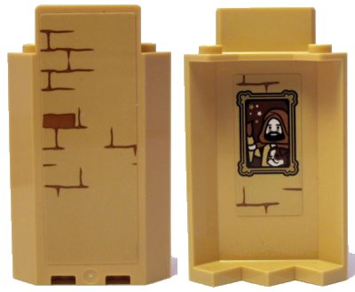 LEGO part Panel 3 x 3 x 6 Corner Wall without Bottom Indentations with Bricks Type 1 Outside and Portrait of Man with Dog Inside Pattern (Stickers) - Set 75953 (87421pb047)