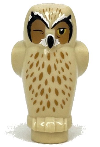 LEGO onderdeel Owl, Angular Features with Black Beak, Yellow Eyes with One Closed, and Medium Nougat Chest Feathers and Forehead Spots Pattern (92084pb05)