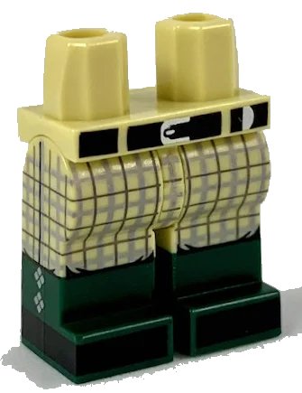 LEGO onderdeel Hips and Legs with Molded Dark Green Lower Legs / Boots and Printed Black Belt and Shoes, Silver Buckle, and Light Bluish Gray Tartan Plaid Pants Pattern (970c00pb0926)