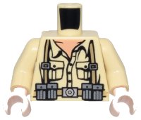 LEGO part Torso Indiana Jones Open Collar Shirt, Ammo Belt & Suspenders Pattern / Tan Arms / Light Nougat Hands 973pb0133c01