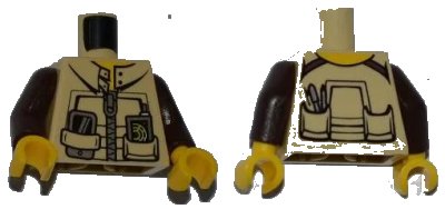 LEGO onderdeel Torso Dino Jacket with Strap Collar, Zipper, Phone and GPS Pattern / Dark Brown Arms / Yellow Hands (973pb0991c01)