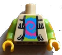 LEGO onderdeel Torso Vest with Fringe over Lime Shirt with Dark Pink and Medium Blue Tie Dyed Swirl Pattern / Lime Arms with Bright Light Orange Stains Pattern / Yellow Hands 973pb1087c01