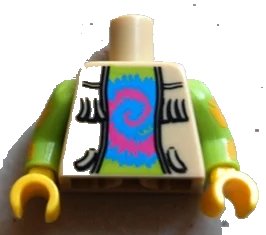 LEGO onderdeel Torso Vest with Fringe over Lime Shirt with Dark Pink and Medium Blue Tie Dyed Swirl Pattern / Lime Arms with Bright Light Orange Stains Pattern / Yellow Hands (973pb1087c01)