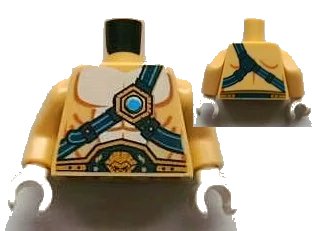 LEGO onderdeel Torso Bare Chest with Body Lines, Dark Blue and Gold Belt and Straps, and Dark Azure Round Jewel (Chi) Pattern / Tan Arms / White Hands (973pb1335c01)