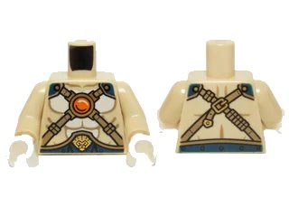 LEGO onderdeel Torso Chima Bare Chest with Body Lines, Gold Crossing Straps and Blue Round Jewel (Chi) Pattern / Tan Arms / White Hands (973pb1834c01)