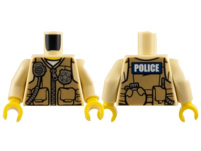 LEGO onderdeel Torso Police Shirt with Dark Tan Vest with Pockets, Silver Radio and Badge, Zipper and 'POLICE' Pattern on Back / Tan Arms / Yellow Hands (973pb1886c01)