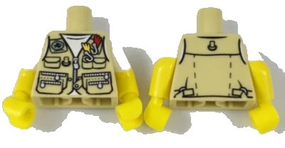 LEGO onderdeel Torso Vest with Zipper, Pockets, Fish Sign and Fishing Hooks Pattern / Yellow Arms with Molded White Short Sleeves Pattern / Yellow Hands (973pb2836c01)