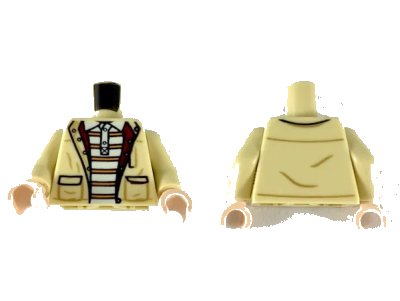 LEGO onderdeel Torso Jacket over White Polo Shirt with 6 Orange Stripes Pattern / Tan Arms / Light Nougat Hands (973pb3565c01)