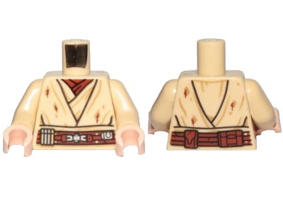 LEGO onderdeel Torso SW Layered Shirt, Reddish Brown Undershirt, Reddish Brown Belt with Buckle, Tattered and Dirt Stains Pattern / Tan Arms / Light Nougat Hands (973pb3751c01)