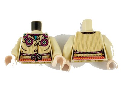 LEGO onderdeel Torso Female, Magenta and Dark Turquoise Flowers, Medium Nougat Dots, Magenta and Tan Rope Belt Pattern / Tan Arms / Light Nougat Hands (973pb4053c01)