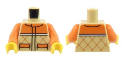 LEGO onderdeel Torso Orange Quilted Vest with 2 Pockets and White Stripe Pattern / Orange Arms / Yellow Hands (973pb4740c01)