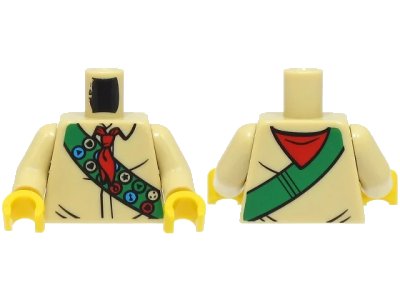 LEGO onderdeel Torso Shirt, Red Neckerchief, Green Sash with Scout Badges Pattern (BAM) / Tan Arms / Yellow Hands (973pb4878c01)
