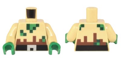 LEGO onderdeel Torso Pixelated Ripped Shirt with Green and Dark Green Holes and Black and Silver Belt Pattern / Tan Arms / Green Hands (973pb4913c01)