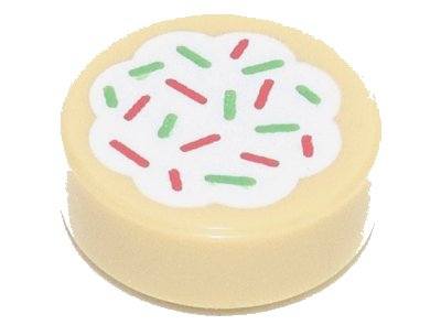 LEGO part Tile, Round 1 x 1 with Cookie with White Frosting and Red and Green Sprinkles Pattern (98138pb256)