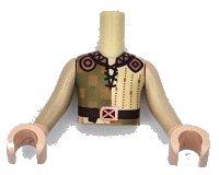 LEGO part Torso Mini Doll Boy Tan and Olive Green Tunic with Medium Nougat Squares, Dark Brown Belt with Copper Buckle, Ornate Collar Pattern, Light Nougat Arms and Hands with Tan Long Sleeves FTBpb105c01