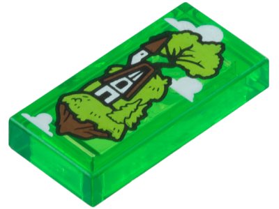 LEGO part Tile 1 x 2 with Clouds and Floating Island with Lime Grass and Trees, White and Reddish Brown Cottage Pattern (3069pb1280)