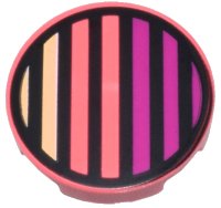 LEGO part Tile, Round 2 x 2 with Bottom Stud Holder with Black Circle and Bright Light Yellow and Magenta Stripes Pattern 14769pb591