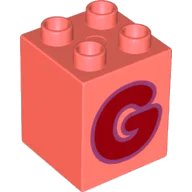 LEGO onderdeel Duplo, Brick 2 x 2 x 2 with Red Capital Letter G with Medium Lavender Outline Pattern (31110pb150)