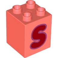 LEGO onderdeel Duplo, Brick 2 x 2 x 2 with Red Capital Letter S with Medium Lavender Outline Pattern (31110pb161)