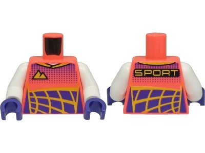 LEGO onderdeel Torso Racing Suit, Bright Light Orange Mountains Logo, Dark Purple Dots and Panels, 'SPORT' on Back Pattern / White Arms / Dark Purple Hands (973pb4468c01)