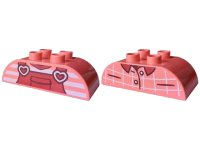 LEGO part Duplo, Brick 2 x 4 Slope Curved Double with Dark Red Overalls over Striped T-Shirt with White Heart Shaped Buckles / Closed Shirt with Buttons and Collar Pattern 98223pb042