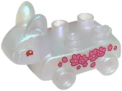 LEGO onderdeel Duplo Pull Toy Bunny / Rabbit on Wheels with Red Eyes and Dark Pink Flowers Pattern (2763pb01)